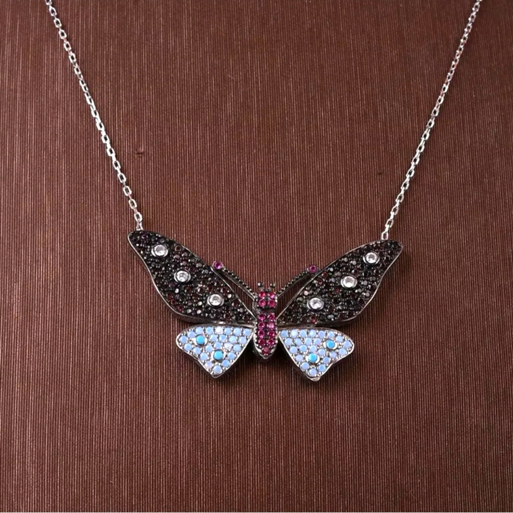 Beautiful Dark butterfly 🦋 necklace Chocolate Topaz Opals & Turquoise sterling
